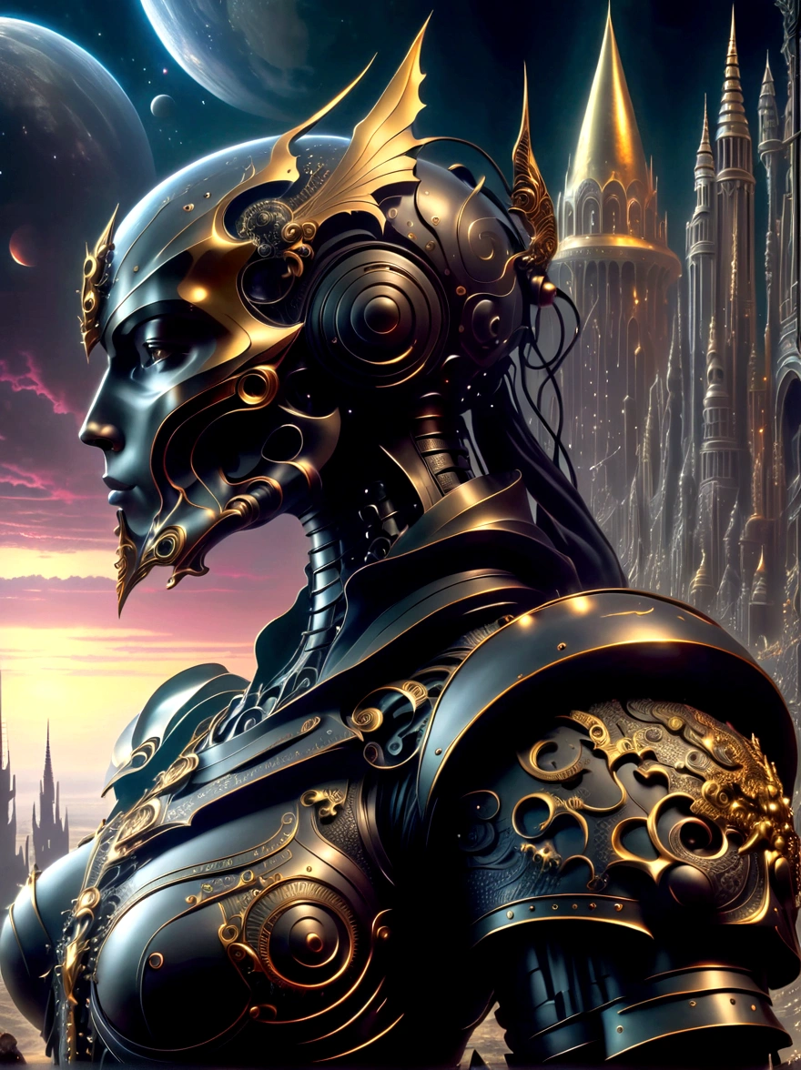 A detailed depiction of a gothic, sci-fi universe. A broad landscape stretches before us, with towering, spire-like structures rising to the sky, reminiscent of cathedral architecture, but on a grand, otherworldly scale. There's a dark, foreboding sky above filled with colossal, alien structures and spaceships. In the foreground, we see several armored humanoid figures, diverse in gender and race, donned in powerful, bulky suits of armor, embellished with symbols of their causes. Their weapons are menacing and elaborate, signifying the raw destructive power at their disposal. They stand firm, ready for the battles ahead.