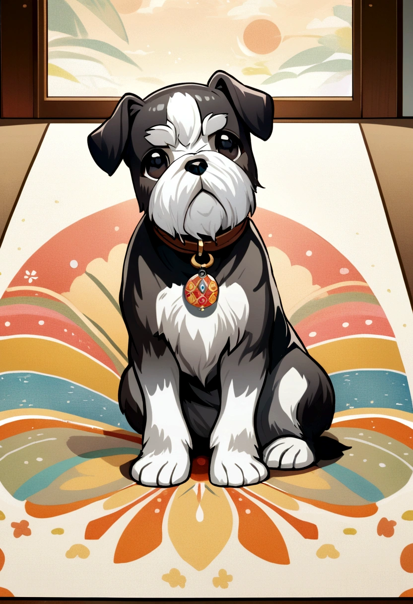 A brightly colored mandala painting featuring a simple and cute miniature schnauzer