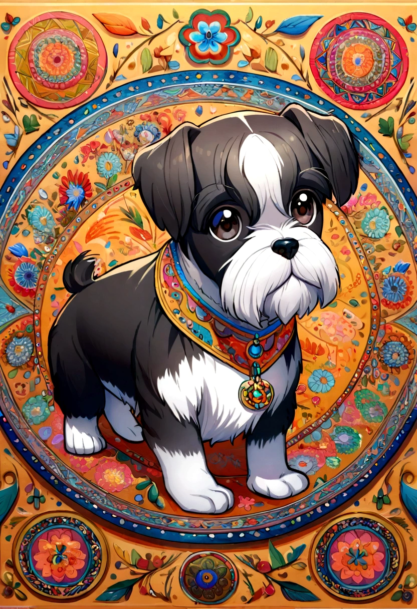 A brightly colored mandala painting featuring a simple and cute miniature schnauzer