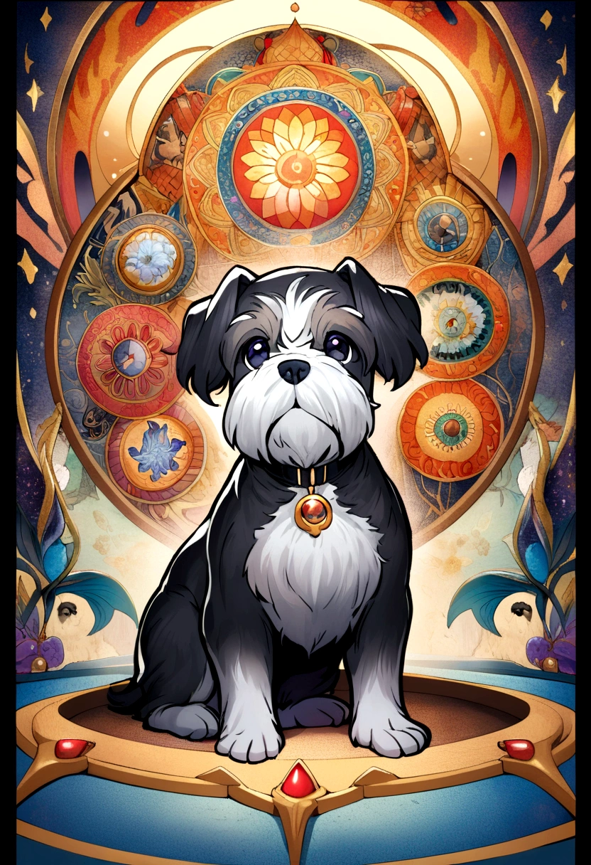 A brightly colored mandala painting featuring a simple and cute miniature schnauzer