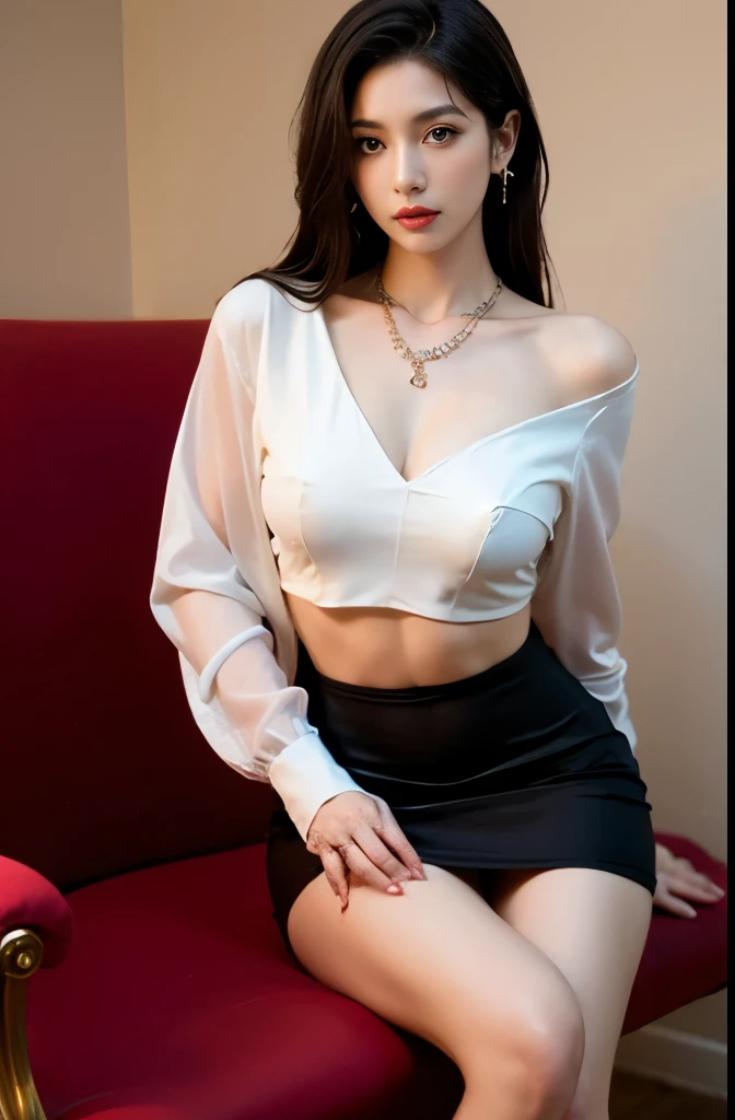 (masterpiece:1.3), (8 thousand, realistic, RAW photos, best quality: 1.4), (1 woman),(sheer silk blouse), (short skirt), (양다리에 짙은색 매우 투명한 realistic 스타킹신고), (Wearing high heels on both feet), (full body shot), (Sitting on a chair), (Beautiful makeover), (very beautiful body) , (Realistic and very beautiful face), (long eyelashes), (double eyelid), (Very beautiful eyes, realistic and delicate), (big bust) , (Strong body through exercise), (beautiful abs), (Beautiful heaps), (tall), (black hair. parted, long hair:1.3), (아름다운 parted스타일), (realistic and beautiful skin), (ultra high resolution), (very detailed), (golden ratio), (Two long, realistic and beautiful legs), (realistic 팔), (necklace), (earring),(beautiful nails manicure), (So beautiful and sexy)