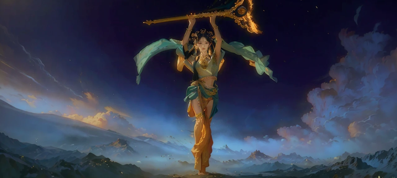 (RAW photo, best quality), (realistic, photo-realistic:1.3),best quality,highly detailed,masterpiece,ultra-detailed,illustration,1girl,upper_body,dynamic angle,world masterpiece theater,messy_long_hair,best quality,extremely detailed CG unity 8k wallpaper,ink,Amazing,cinematic lighting,lens_flare,,dunhuang_style
