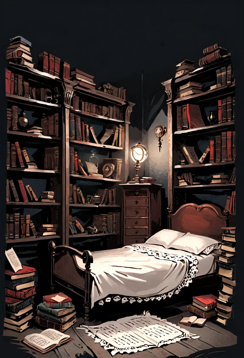 Description: A dimly lit, cluttered apartment room is shown. The room is small and cramped, filled with stacks of old, dusty books. The walls are lined with bookshelves overflowing with various tomes and research papers. A narrow bed, unmade and with tattered sheets, is pushed against one wall. Nearby, an antique full-length mirror stands, slightly cracked at the edges. The overall atmosphere is gloomy and oppressive, with a sense of neglect and despair permeating the air.