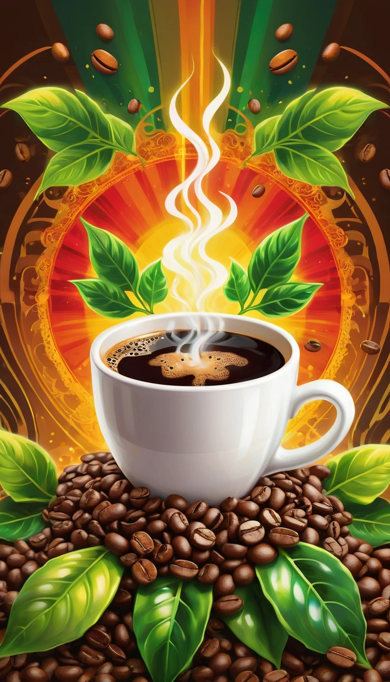 Create a vibrant, colorful image that represents the strength of coffee, in an anime style. In the center, place a steaming cup of coffee with a liquid of deep, rich color, emanating an energetic aura. Around the cup, add elements like bright coffee beans and fresh green leaves. Incorporate rays of golden light radiating from the cup to reinforce the feeling of energy. The background should be a kaleidoscope of bright colors like red, orange, yellow and green, creating a feeling of dynamism and power. The image should convey the idea that coffee is a powerful source of energy and revitalization, with an anime stylistic touch.