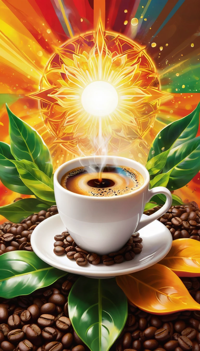 Create a vibrant, colorful image that represents the strength of coffee, in an anime style. In the center, place a steaming cup of coffee with a liquid of deep, rich color, emanating an energetic aura. Around the cup, add elements like bright coffee beans and fresh green leaves. Incorporate rays of golden light radiating from the cup to reinforce the feeling of energy. The background should be a kaleidoscope of bright colors like red, orange, yellow and green, creating a feeling of dynamism and power. The image should convey the idea that coffee is a powerful source of energy and revitalization, with an anime stylistic touch.