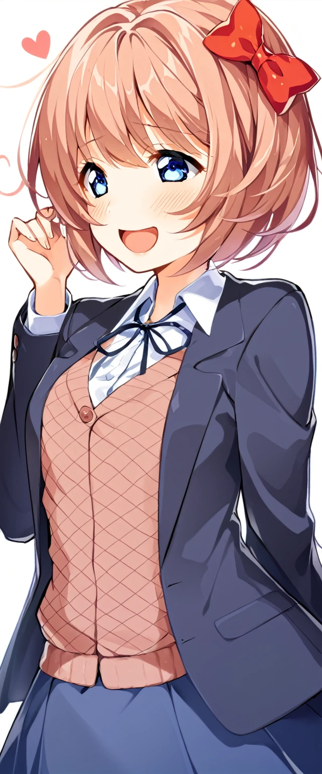 one girl, lovely, blazer, Sayori, my childhood friend, cute, short hair, blush, light blue eyes, hair bow, I stroke her head, look at me, my hand on her head, love me, happy