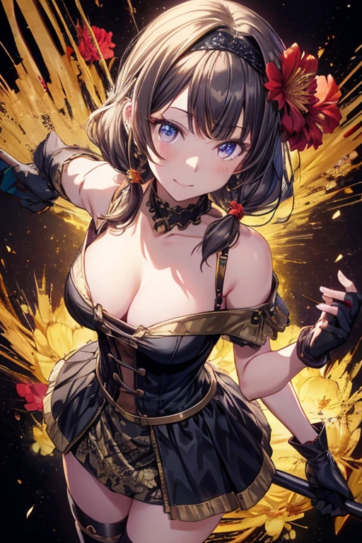 yor briar, anime style beutiful woman, 1girl,fullbody, happy, smile, red face, closed mouth, beautiful detailed eyes, super detailed skin, backlighting, bare shoulders, black background, black dress, black gloves, black hair, breasts, dress, earrings, fingerless gloves, floating hair, floral print, flower, gloves, gold earrings, gold hairband, hair flower, hair ornament, hairband, holding, holding weapon, jewelry, large breasts, long hair, looking at viewer, off-shoulder dress, off shoulder,red eyes, short hair with long locks, sidelocks, solo, spikes, thighs, two-sided dress, two-sided fabric, weapon, fighting stance , face, close up, from above, highest quality, high resolution.