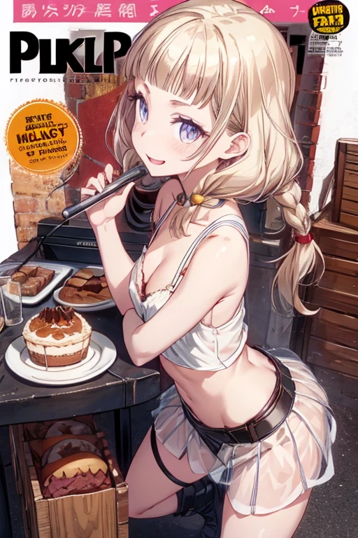 (small breasts:1.2), (perky chest:1.2), (pointed chest:1.2), (Pudding cake magazine cover:1.3),(from above:1.0),(shoot from the side:1.1),masterpiece, 1girl, Amazing Cleavage:1.1, thin waist, optimum,tmasterpiece,hight resolution,best qualtiy,hyper HD,super detailing,awardwinning,a 18yo cute girl,(The upper part of the body),anatomy correct,Beautiful Black miniskirt,garters,Gaze,Small face,bangss,holster,Beautuful Women,hands up,leg holster,Gaze,black boots,Cowboy Shot,cute face,a blond,Longhaire,Twin-tailed,Braids, Hairline,(scarlet eyes),long eyelasher,Hanging eye corners,White skin of the, ((see through camisole:1.1)), ((Sheer nipples:1.0)),Rocket Tits,(Slim body),smile,seductive weak smiling,(with sparkling eyes and a contagious smile),little open mouth, Looking at Viewer,