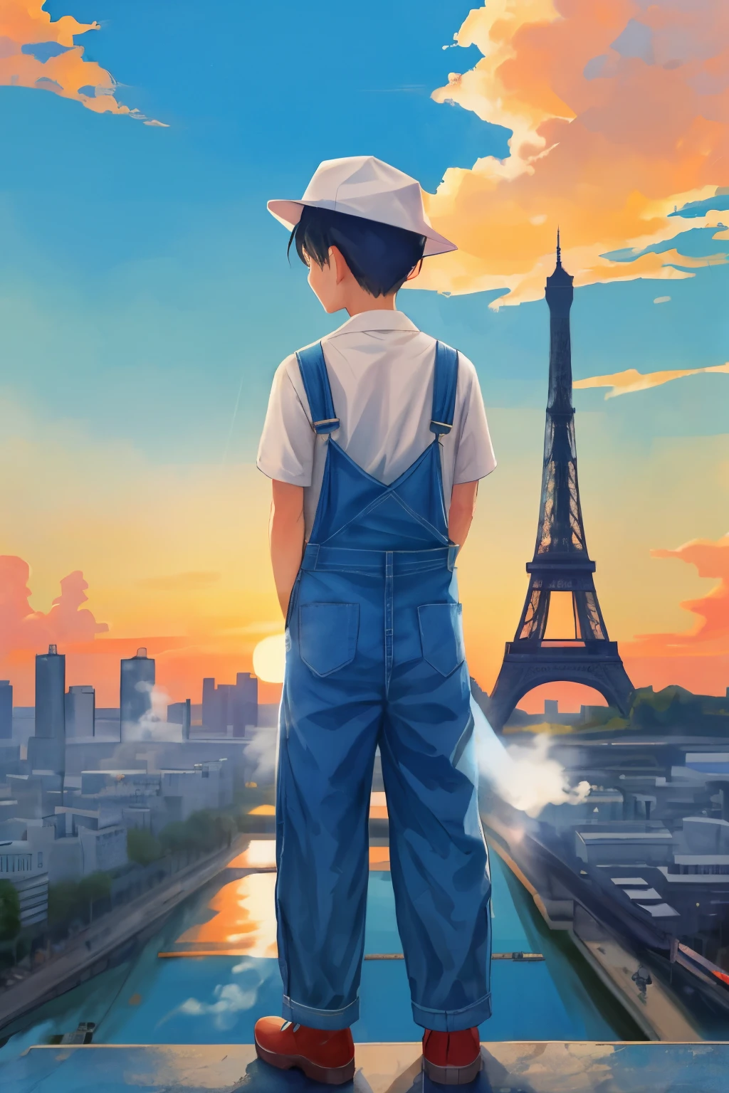A poster of the National Power Grid,Background with blue sky and white clouds,Sky at sunset,Tall power tower、Power grid、wind power、pv,A head wearing a hat、The back view of a little man in blue overalls looking up at the Eiffel Tower