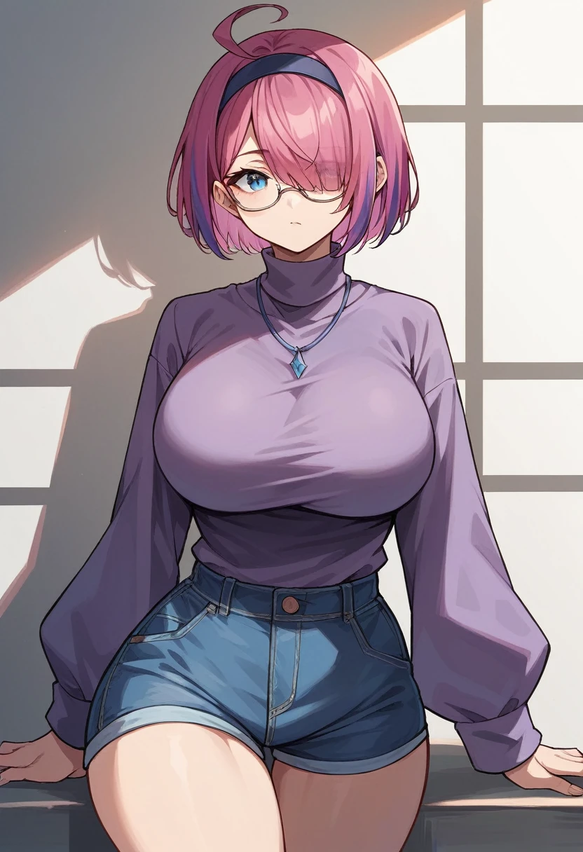 masterpiece, best quality, perfect anatomy, solo, 1girl, blue eyes, Magenta hair, pink hair, purple hair, multicolored hair, short hair, side bangs, glasses, tinted eyewear, hair over one eye, ahoge, hairband, large breasts, wide hips, denim shorts, purple sweater, turtleneck, long sleeves, blue necklace, tall, absurdres, 
