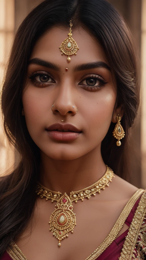 a beautiful indian girl, 25 years old, detailed face, beautiful eyes, beautiful lips, long eyelashes, intricate jewelry, ornate sari, natural lighting, cinematic composition, warm color tones, highly detailed, photorealistic, 8k, best quality, masterpiece