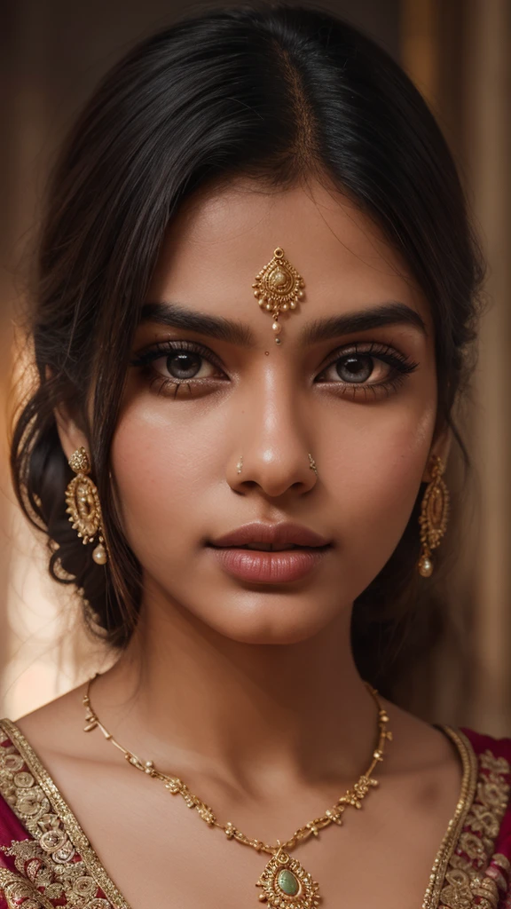 a beautiful indian girl, 25 years old, detailed face, beautiful eyes, beautiful lips, long eyelashes, intricate jewelry, ornate sari, natural lighting, cinematic composition, warm color tones, highly detailed, photorealistic, 8k, best quality, masterpiece