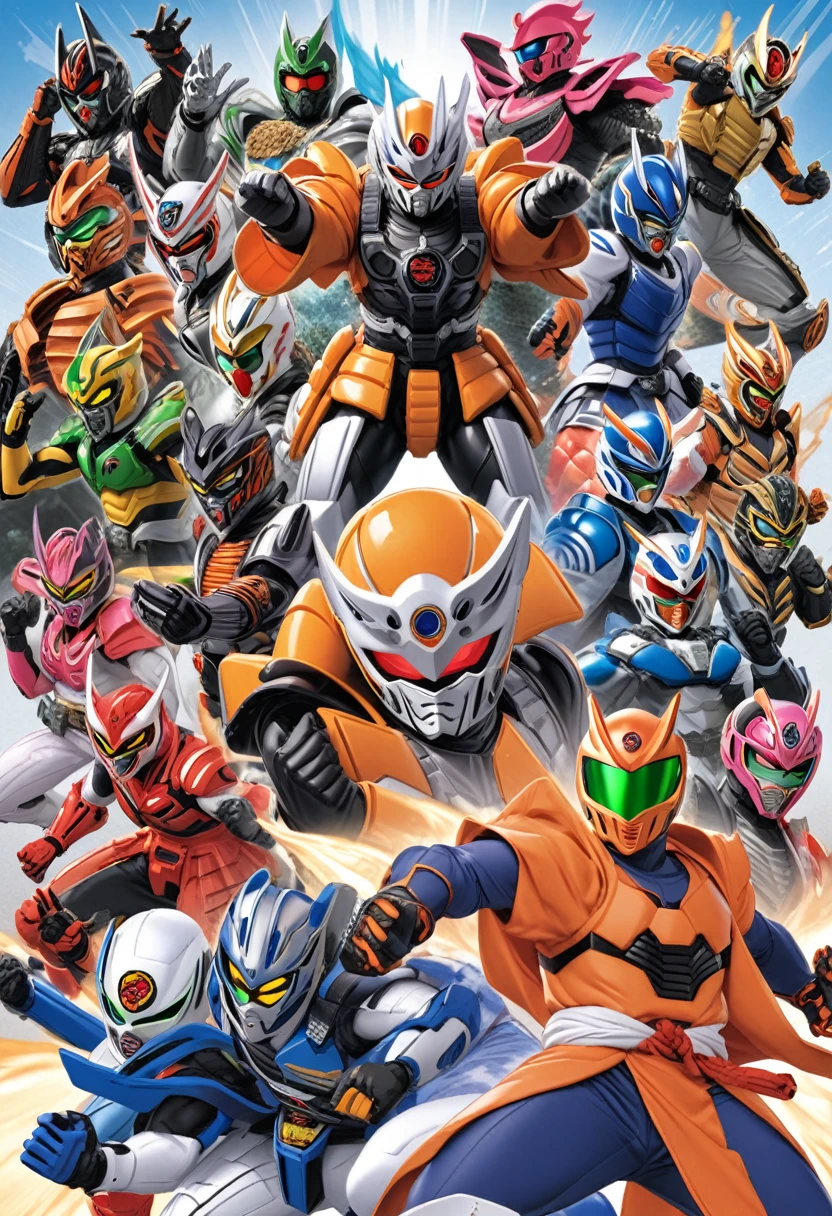 arafed image of a man in a blue and orange costume, kamen rider character, high fantasy kamen rider, kamen rider, kamen rider ghost, kamen rider action pose, tokusatsu, fourze, cyber japan armor, cyber japan style armor, cyber japan samurai armor, gojo satoru, wataru kajika, umanosuke iida