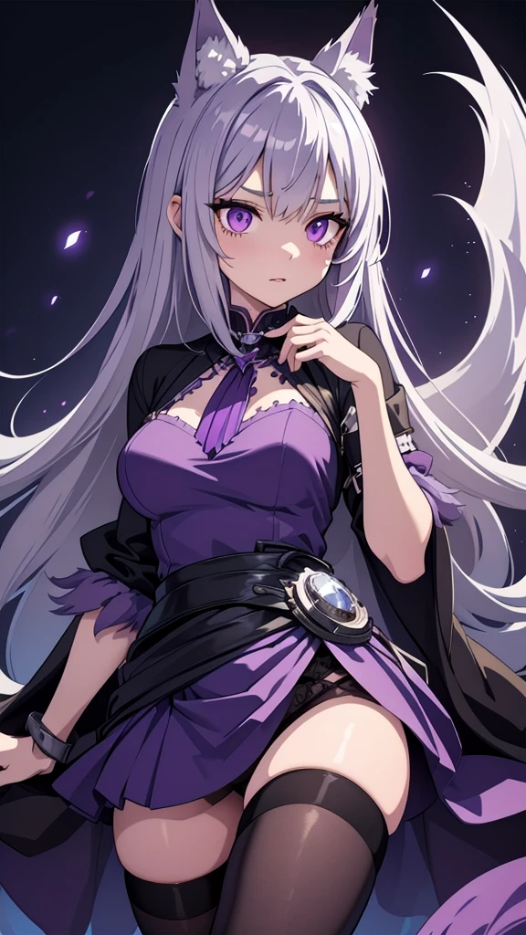 A werewolf beast girl with waist-length silver hair and purple eyes.