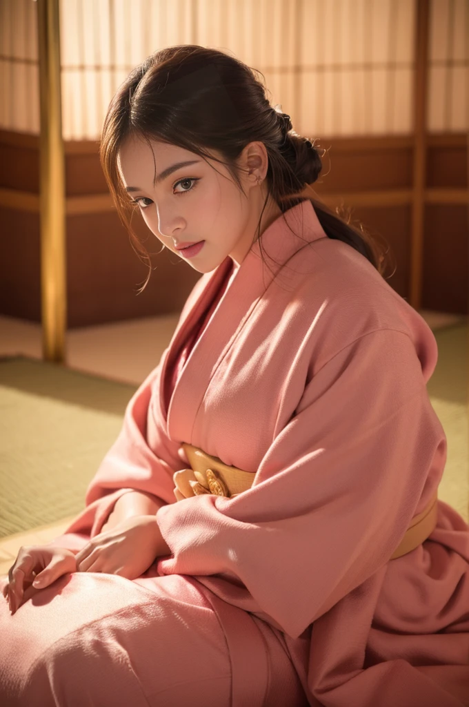 beautiful detailed eyes, beautiful detailed lips, extremely detailed eyes and face, long eyelashes, 1 girl, masterpiece, pink kimono, cinematic atmosphere, professional composition, natural body, fantasy, sitting in front of a golden screen, flower arrangement, tatami, looking at the camera, real, nature, best quality, 8k, highres, ultra-detailed, photorealistic, physically-based rendering, vivid colors, studio lighting, portraits, warm color tones