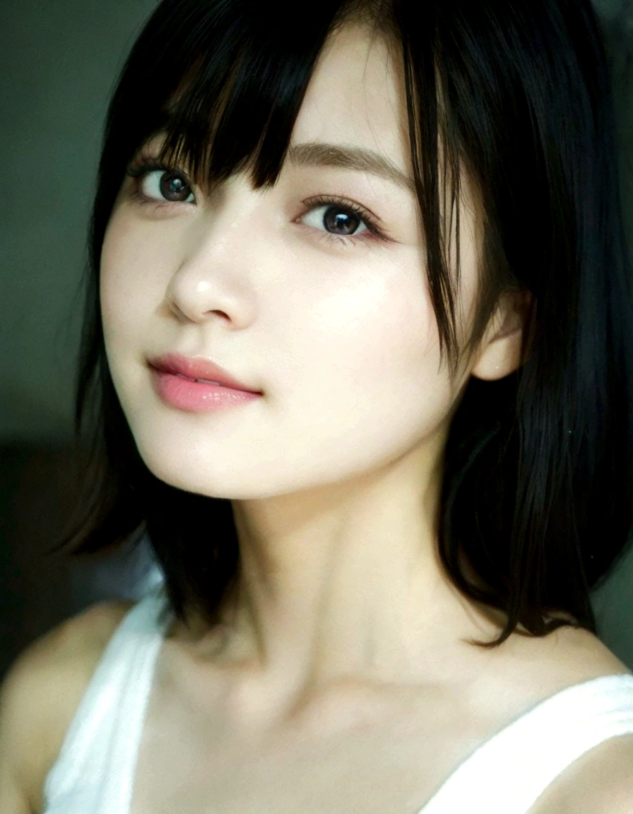 Top quality, ultra high resolution, (photorealistic: 1.4), beautiful eyes, super beautiful, short hair, beautiful breasts, lover, t-shirt with rough chest, eyes inviting viewer, lover's eyes, inviting facial expressions, sexy smile, perfect style, perfect balance, detailed skin, naughty eyes, chest visible