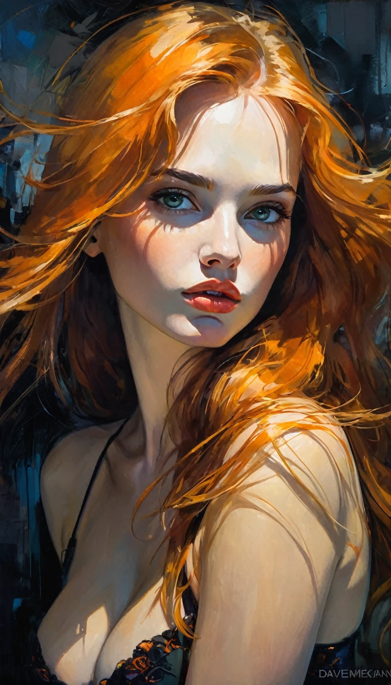 The sexy and dark art of seduction , elegant, long orange hair, bra, (art inspired in Bill Sienkiewicz). oil painting)(best quality,4k,8k,highres,masterpiece:1.2),ultra-detailed,(realistic,photorealistic,photo-realistic:1.37),intricate details,vivid colors,sharp focus,professional,Dave McKean artwork, oil touch of surrealism,oil painting style,portrait,woman,beautiful detailed eyes,beautiful detailed lips,dreamlike atmosphere,shadow play,soft lighting,playful pose,minimalist room,dark hues,ethereal background,fantasy elements,texture,layered composition.