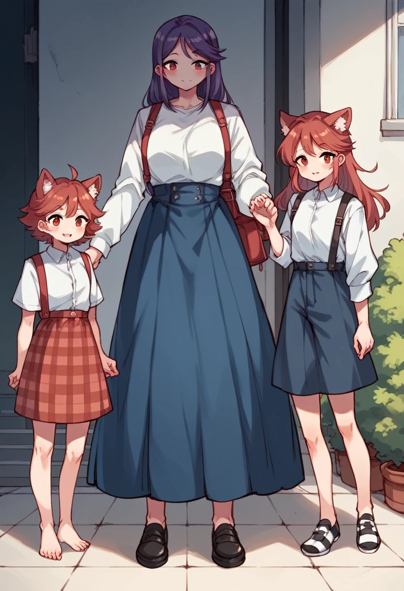 A girl in a white shirt uniform、Red and white checkered fluffy flare long skirt、barefoot、cute leather shoes、A three-person idol unit with a height difference