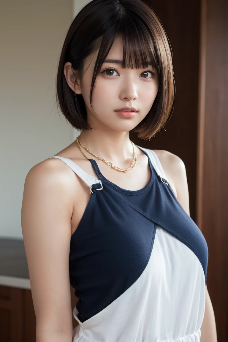 ((8K)、Highest quality、masterpiece、Ultra-high resolution:1.2)Photo Beautiful Japan woman(Comfortable:1.1) grace、good、Transparent atmosphere、Beautiful Face、Gradient lighting、One Girl、Delicate skin、Brown eyes、(Short hair with bangs:1.2)、(Large breasts:1.0)、(middle breast wheel:0.8)、(Realistic:1.4)、(Highest quality:1.0)、(Ultra-high resolution:1.0)、8K、Raw photo、(masterpiece:0.2)、(Purelos Face_v1:0.5)、Tank top dress、white, tight、Round neck、Linen and cotton、Overalls、Thin shoulder straps、Upper body naked、Cotton clothes、Sleeveless、No sleeve、Hokkaido、Shiretoko、The morning sun is dazzling、theme、Tilt、Big butt、Large bust、A little chubby、Sweep your bangs to the side、Big Ass、neatly trimmed hairstyle、Put your chest together、Slightly open feeling、Brown clothes、Side angle、necklace、Big butt、Futomo、