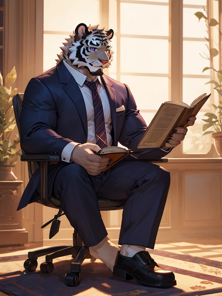 bara extremely handsome white tiger, {{white fur,}} white, wearing purple trench coat purple trousers and white dress shirt and necktie, white fluffy furry body and limbs, loafers, very tall, very broad shoulders, narrow waist, muscular arms, massive pecs, purple eyes, very long legs,  sitting cross legged on swivel chair, reading file, sophisticated smart look, full body, best quality, high quality, silver earring on left ear, dead stare, cold expression