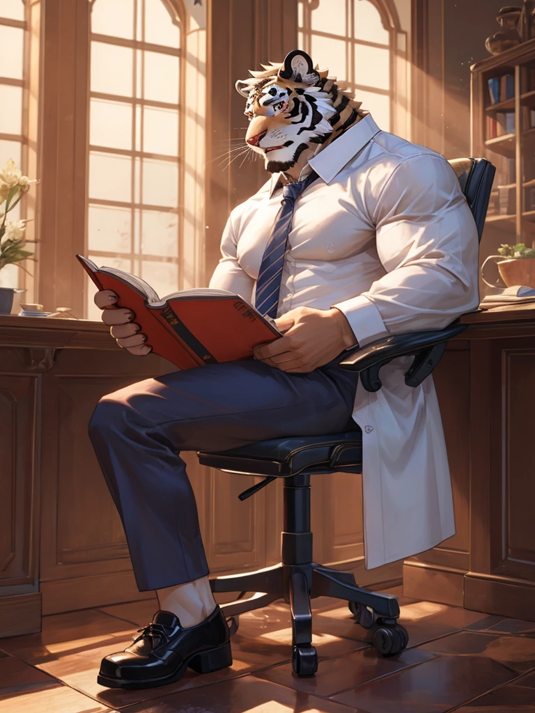 bara extremely handsome white tiger, {{white fur,}} white, wearing purple trench coat purple trousers and white dress shirt and necktie, white fluffy furry body and limbs, loafers, very tall, very broad shoulders, narrow waist, muscular arms, massive pecs, purple eyes, very long legs, sitting cross legged on swivel chair, reading file, sophisticated smart look, full body, best quality, high quality, silver earring on left ear, dead stare, cold expression