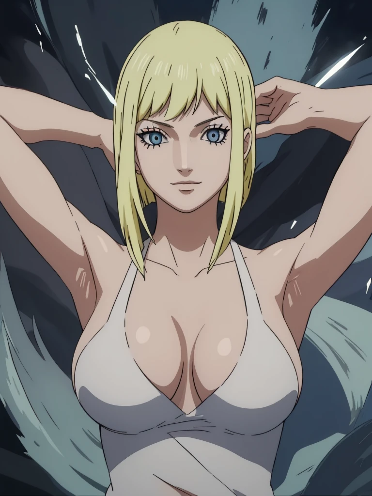 Best quality, masterpiece, ultra high res, 1girl, sexy, in the dark, deep shadow, low key, cold light, milf, blonde, dynamic light, cinematic lighting, cinematic lighting, down blouse, mature woman, middle parted hair, nsfw, natural breast, upper body, milf, samui, simple smile, armpits visible, detailed armpits