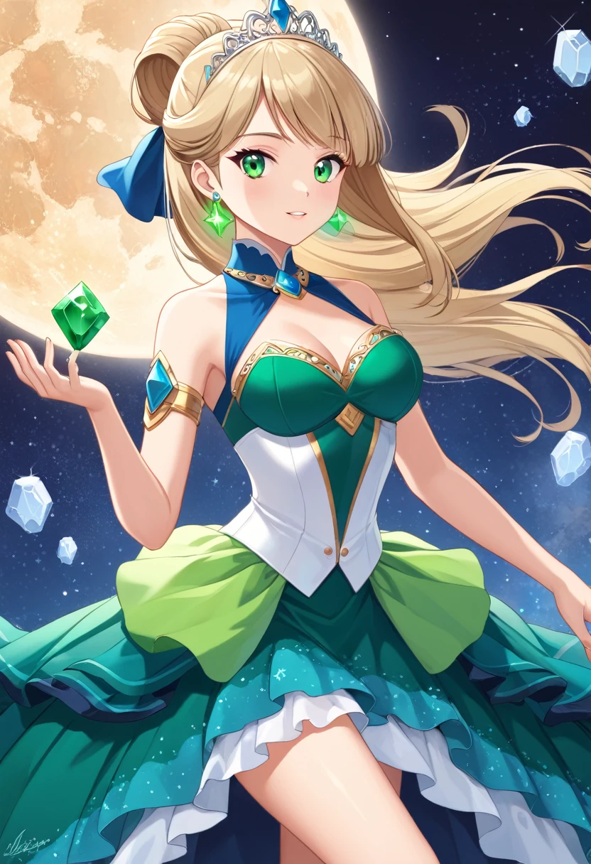((masterpiece)), (textured skin), ((high details)), best quality, award winning, 8k, beautiful woman, silk dress, Noble, princess, queen, blonde, half updo, hair flaps, jewelry tiara, crystal earrings, Sharp focus A beautiful woman with perfect body, Slim abdomen, light brown hair, shiny hair, bob cut, starry skies, green emerald ring