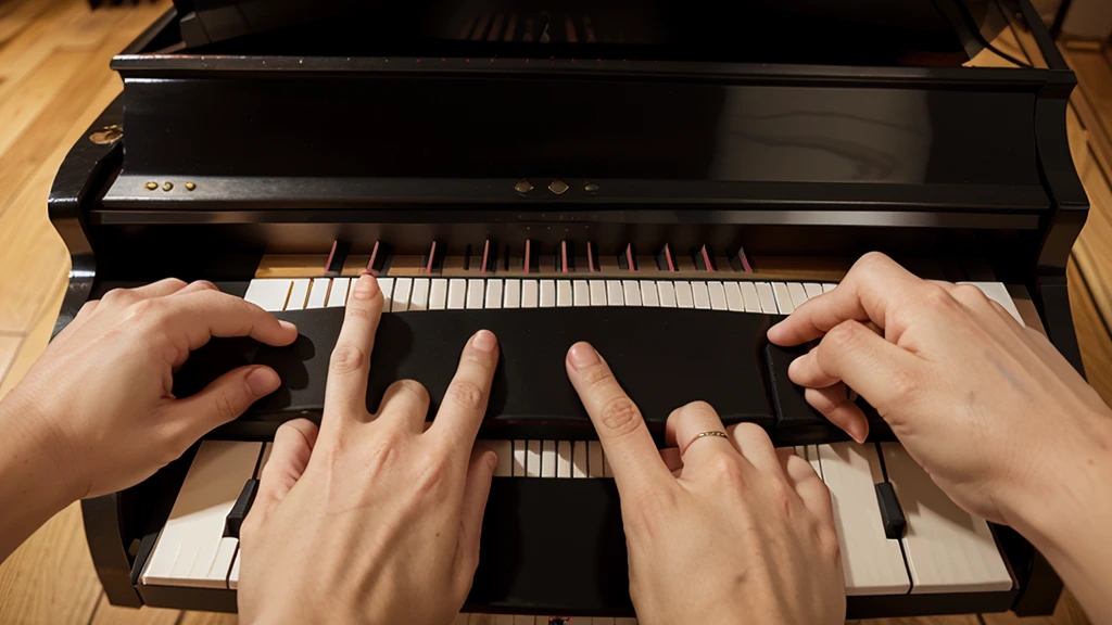 Close Up of Grand Piano, with black fingers playing