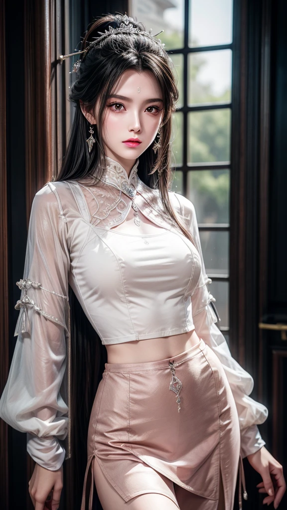 best quality, masterpiece, Medium chest, (Medium breasts), Delicate skin texture, Detailed fabric texture, Delicate face, Super Detail, 8K, Intricate details, 1 Girl, 30 years old, High contrast, High resolution eyes, Black hair goddess，Royal sister，Sexy long legs，Pink skirt。