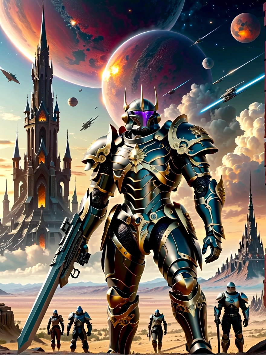 A detailed depiction of a gothic, sci-fi universe. A broad landscape stretches before us, with towering, spire-like structures rising to the sky, reminiscent of cathedral architecture, but on a grand, otherworldly scale. There's a dark, foreboding sky above filled with colossal, alien structures and spaceships. In the foreground, we see several armored humanoid figures, diverse in gender and race, donned in powerful, bulky suits of armor, embellished with symbols of their causes. Their weapons are menacing and elaborate, signifying the raw destructive power at their disposal. They stand firm, ready for the battles ahead.