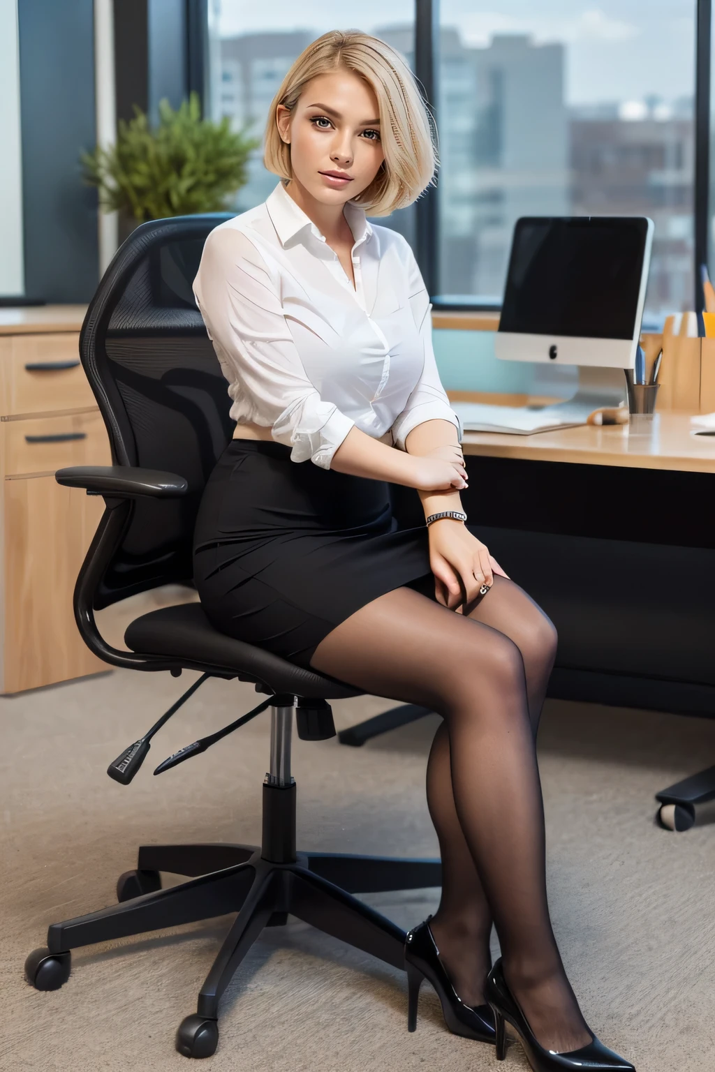 high quality,16K:1.1),((, Ukrainian woman sitting in an office chair, Blonde Hair,Short Haircut、((business suit、 Pencil Skirt)), tights, Curvy,(View your viewers:1.3),(Full Body Shot:1.2),(Background is Office 1.2),

