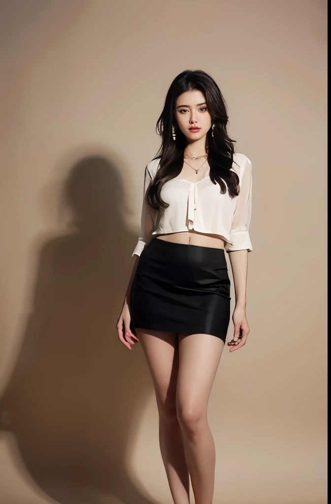 (masterpiece:1.3), (8 thousand, realistic, RAW photos, best quality: 1.4), (1 woman),(sheer silk blouse), (short skirt), (양쪽 다리에 realistic 팬티 스타킹), (Wearing high heels on both feet), (full body shot), (standing), (Beautiful makeover), (very beautiful body) , (Realistic and very beautiful face), (long eyelashes), (double eyelid), (Realistic, delicate and very beautiful eyes), (big bust) , (Strong body through exercise), (beautiful abs), (Beautiful heaps), (tall), (such a beautiful body), (black hair. parted, long hair:1.3), (아름다운 parted스타일), (realistic and beautiful skin), (absurd), (attractive), (ultra high resolution), (extremely realistic), (very detailed), (golden ratio), (Two long, realistic and beautiful legs), (realistic 팔), (necklace), (earring),(beautiful nails manicure), (So beautiful and sexy), (perfect secretary look)