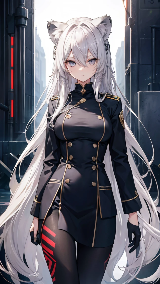 High resolution、Girl、Silver Hair、Long Hair,(),Lion ears、Grey Eyes、Slender、Toned body、military,Tattoo,