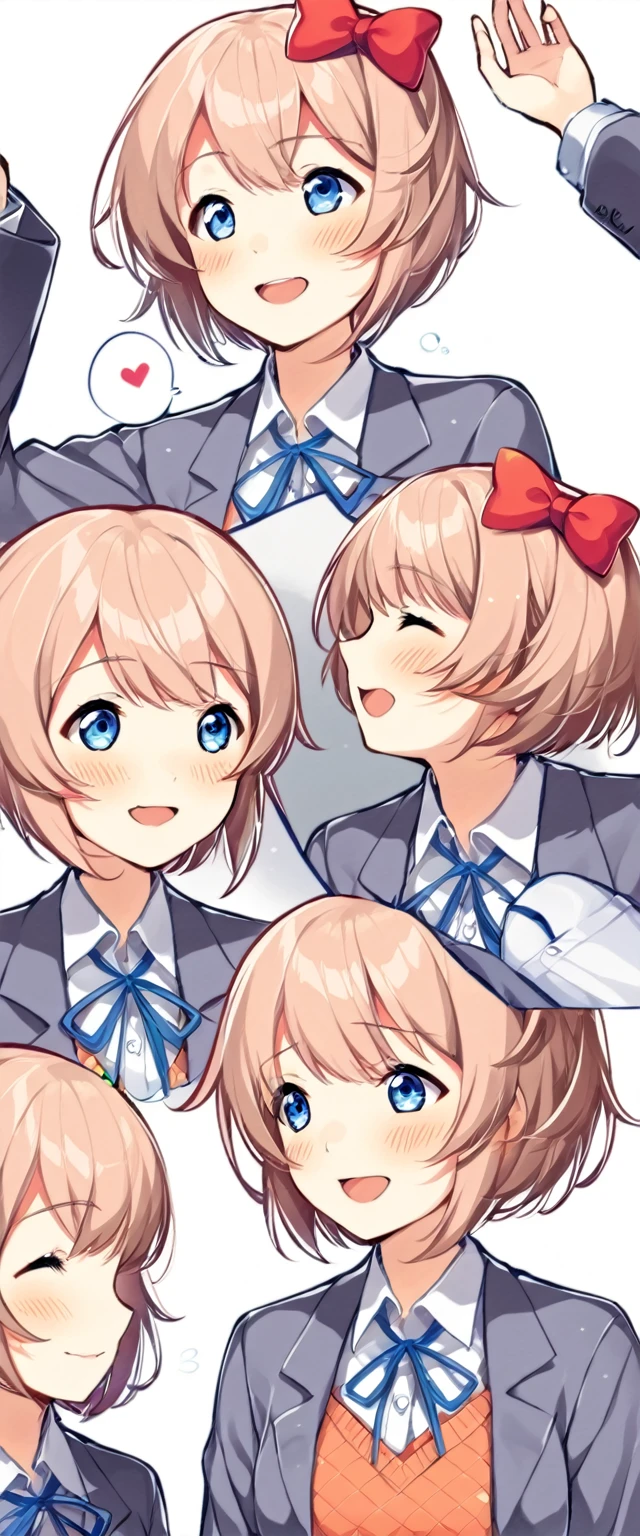 one girl, lovely, blazer, Sayori, my childhood friend, cute, short hair, blush, light blue eyes, hair bow, I stroke her head, look at me, my hand on her head, love me, happy