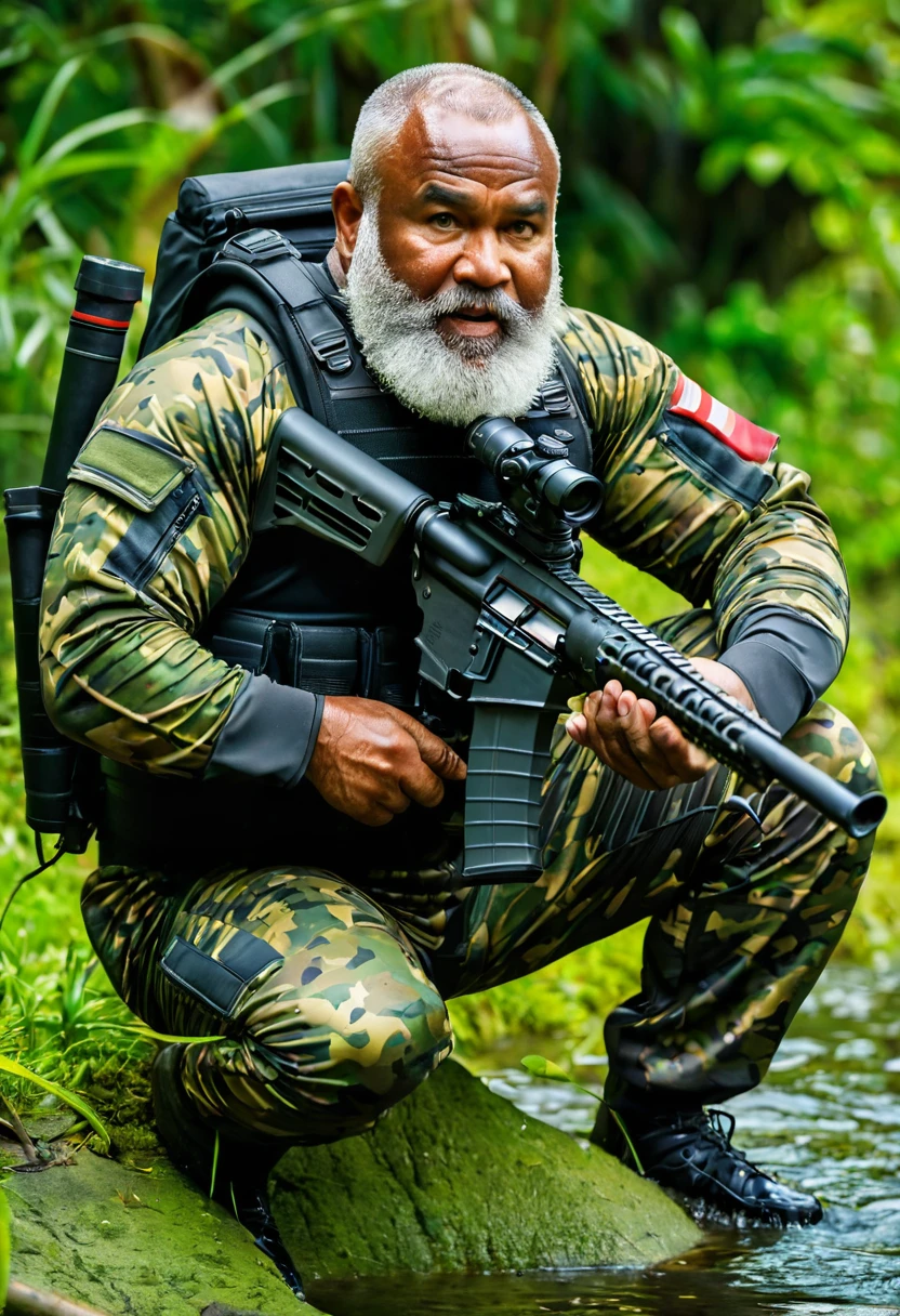 (a dark-skinned bearded fat muscular old man in a bulky army camouflage zipper diver suit), crouching shooting with sniper rifle, muscular, Bruce Onobrakpeya, sumatraism, stanley artgermm, action, heroic, fierce, furious