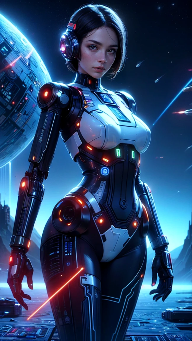top quality, future world, State-of-the-art robot, Beautiful Woman, Transformed into a cyborg except for the face, sexy images, whole body photo, ((space war, star war, laser gun ))