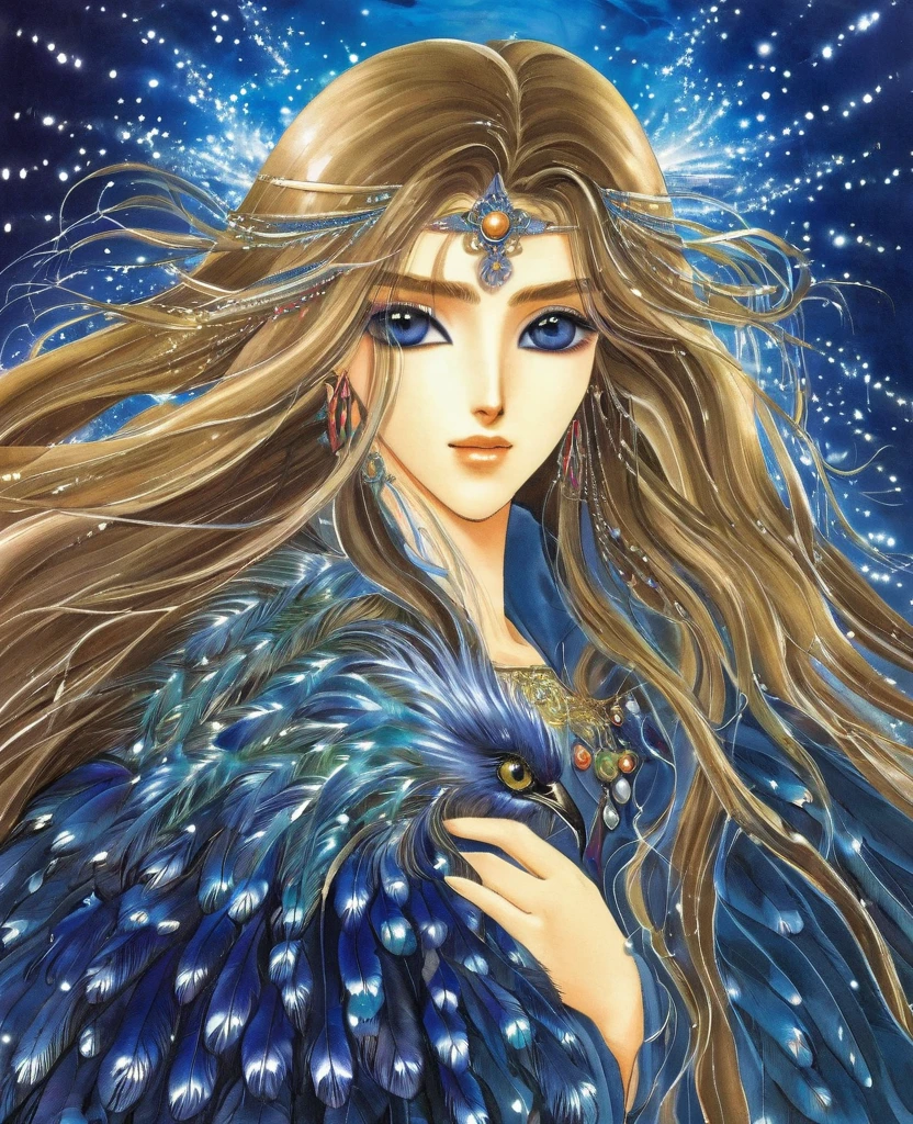 "Create an anime-style close-up artwork of a fantasy girl with detailed, high-quality eyes. She has long, flowing hair with feathers woven into it, wearing a majestic, feathered cloak and intricate jewelry. Her eyes should be the focal point, sparkling with wisdom and reflecting the celestial glow of a starlit sky. The background should hint at a celestial realm, with blurred images of distant galaxies, shimmering stars, and celestial bodies, keeping the focus on her serene and mystical expression."