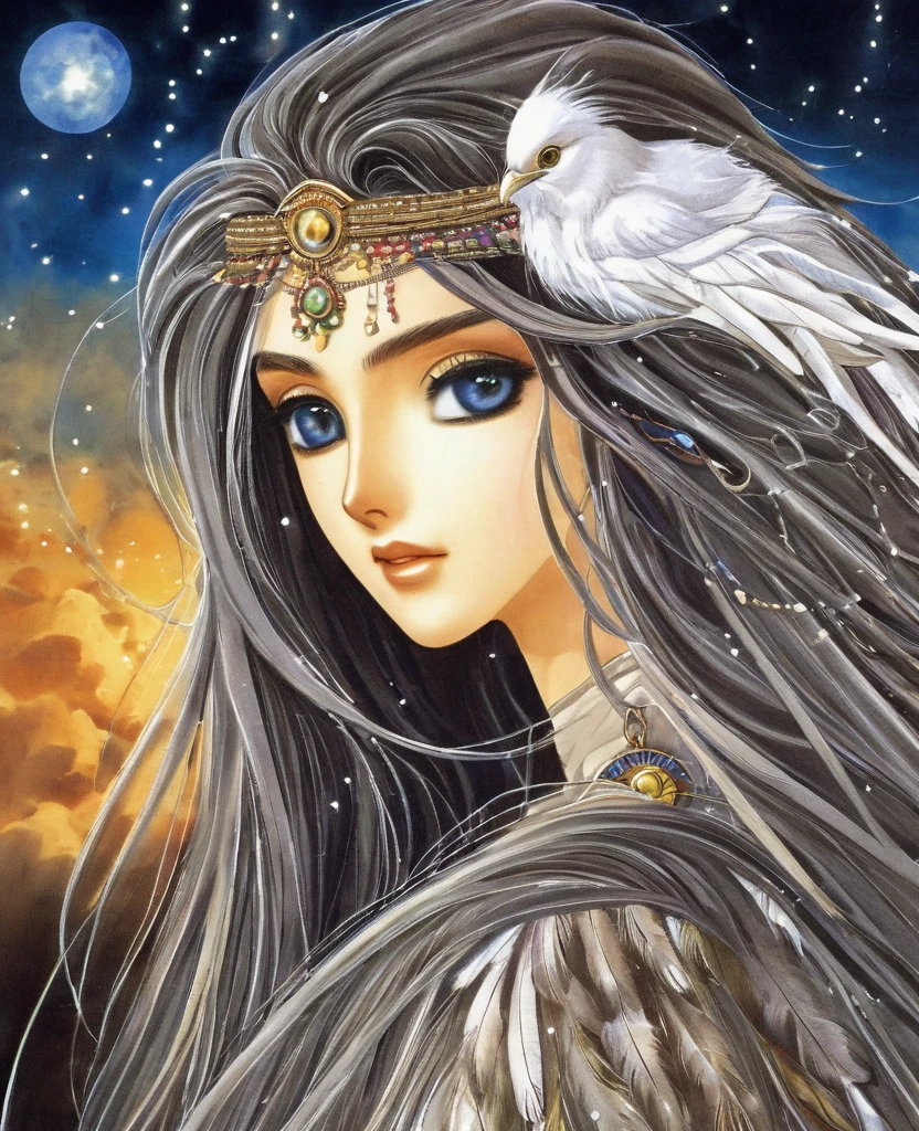 "Create an anime-style close-up artwork of a fantasy girl with detailed, high-quality eyes. She has long, flowing hair with feathers woven into it, wearing a majestic, feathered cloak and intricate jewelry. Her eyes should be the focal point, sparkling with wisdom and reflecting the celestial glow of a starlit sky. The background should hint at a celestial realm, with blurred images of distant galaxies, shimmering stars, and celestial bodies, keeping the focus on her serene and mystical expression."