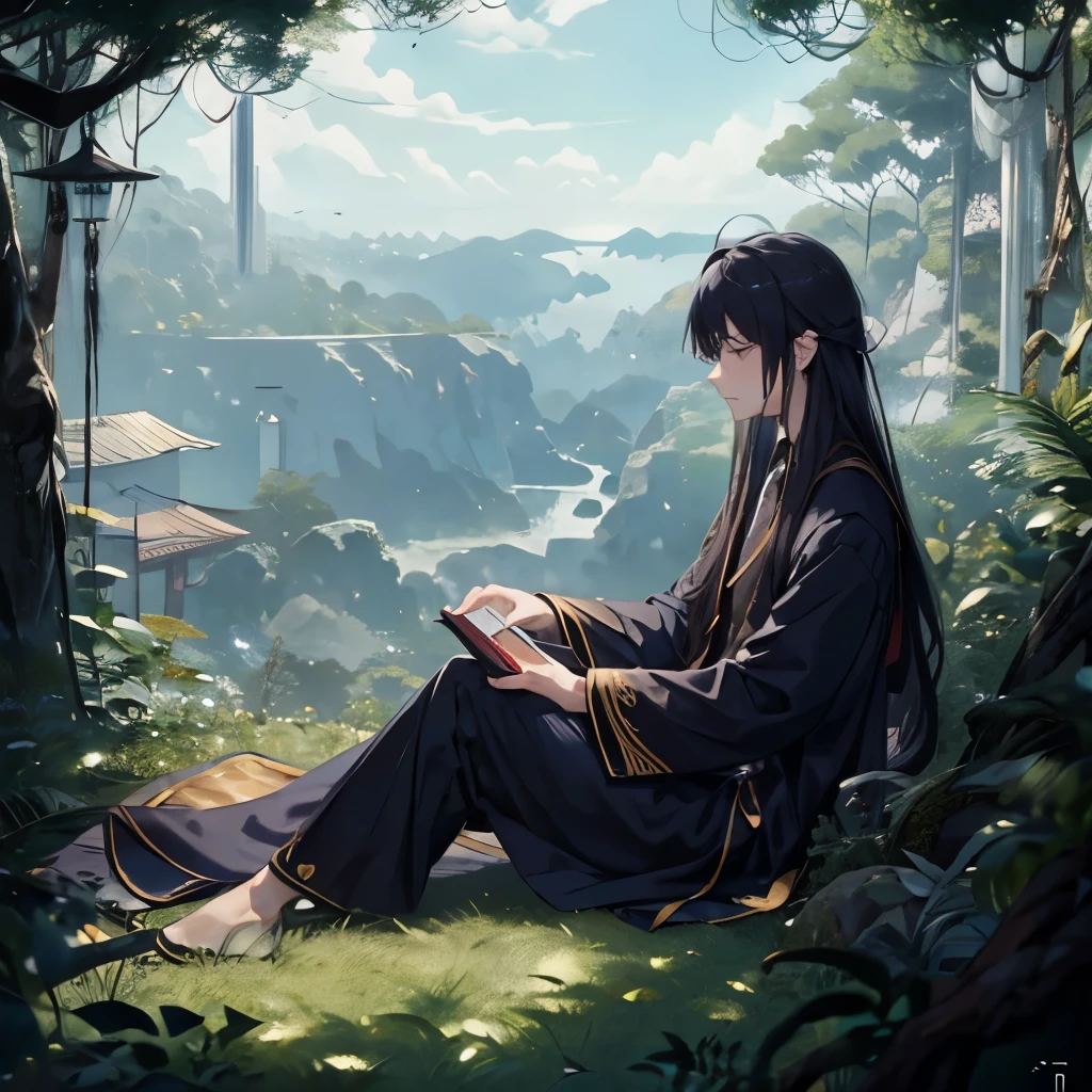 Taoist priest,peaceful,Young men,think,Navy blue robe,trousers,Long gown,Slanted collar,长发Young men,Half tied hair,Meditation,Sit cross-legged,landscape,Young men正在欣赏landscape,Profile