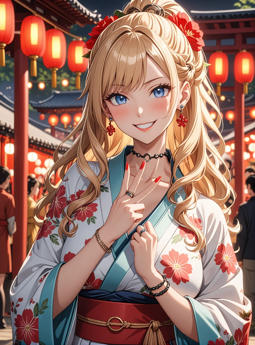 ((One personの女性)), Beautiful Face, (Laughing embarrassedly), ((smirk:1.3)), ((Wink:1.6)), (head tilt:1.3), Laugh with your mouth wide open, (upper teeth), looking at viewer, ((Bright red cheeks:1.6)),Glossy Red Lips, ((Big Breasts:1.4)) night, Shrine festival stalls, , (Shining Face), ((Anime style background)),masterpiece, Highest quality, so beautiful,up to date, Complex details, (Pink long nails), (nail art), (ring),(bracelet), (ring helix piercing:1.7), (Floral choker),AI-generated, Complex,High resolution, Highest quality, super high quality,3D Images、3D Images,One person,Blonde long hair,(High Ponytail), (wavy hair), Anime woman posing for a photo, ((Fine grain、blue eyes、Shining Eyes:1.4)), (Squint your eyes:1.1),a hyperRealistic , hyperRealistic , Realistic,Long and blonde anime woman, Smooth anime CG art, Pink large floral patternの刺繍が入った、Woman in luxurious kimono, ((White long sleeve kimono)),(Pink large floral pattern) ,Long flower hair ornament,Earrings,Mature Body, Tall,Abdominal muscles,Tight waist, ((making a peace sign)),(face focus:1.3), (front view),