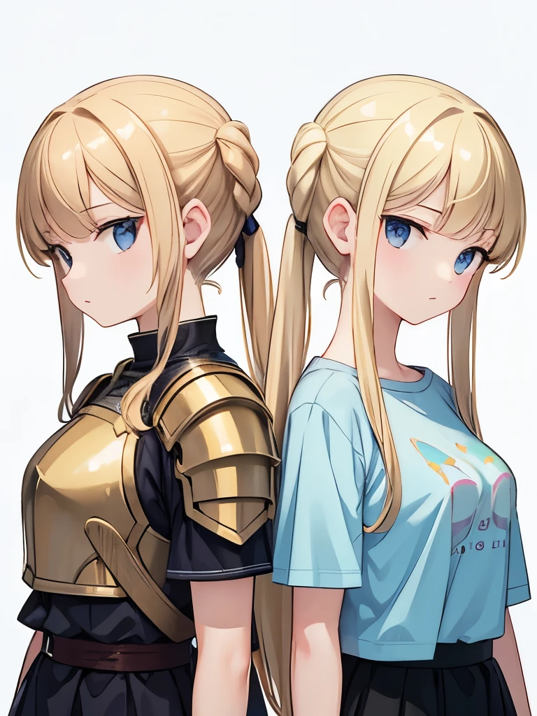 Masterpiece,best quality,ultra detailed, Two women, blonde, ponytailed, twins, identical faces, one wearing beautiful armor, one wearing a silly t-shirt, standing side by side, upper body, image divided by a line in the middle,