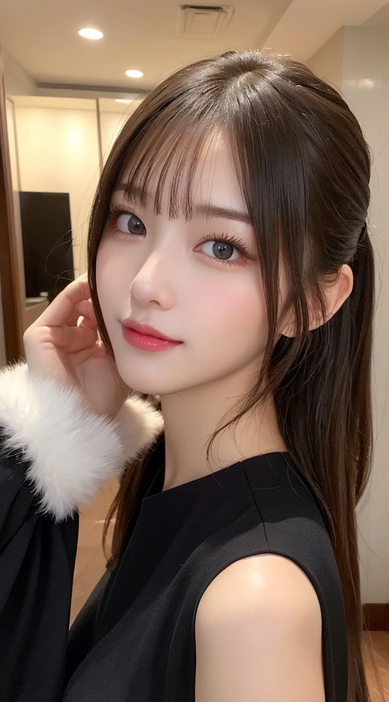Tabletop, Highest quality, shape, Very detailed, finely, High resolution, 8k wallpaper, 完璧なダイナミックな構shape, Beautiful and detailed, Medium Hair, Small breasts, Natural color lip, Random sexy poses,smile,20-year-old girl、Midnight、Beautiful and elaborate face、Perfect and beautiful face,Big eyes、RAW Photos、Expressing feminine poses with the whole body、Beautiful and detailed、Small face、Beautiful Duplex、Slim face and figure,Luxury brand mink coat(internal:black winter dress)、Beautiful golden ratio face,Twin ponytail