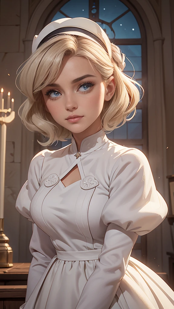 cheveux blancs, grain de beauté sous les yeux, sclérotique incompatible, hétérochromie, Rougir, Timide, en riant, cloche, tracé laser, Dieu rayons, rétroéclairage, Lumière rougeoyante, Style animé