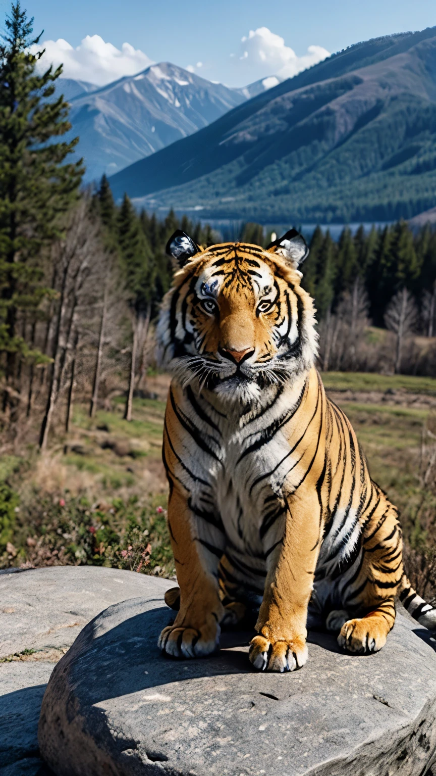 I need a picture of a tiger sitting on a rock with a nature landscape in the background