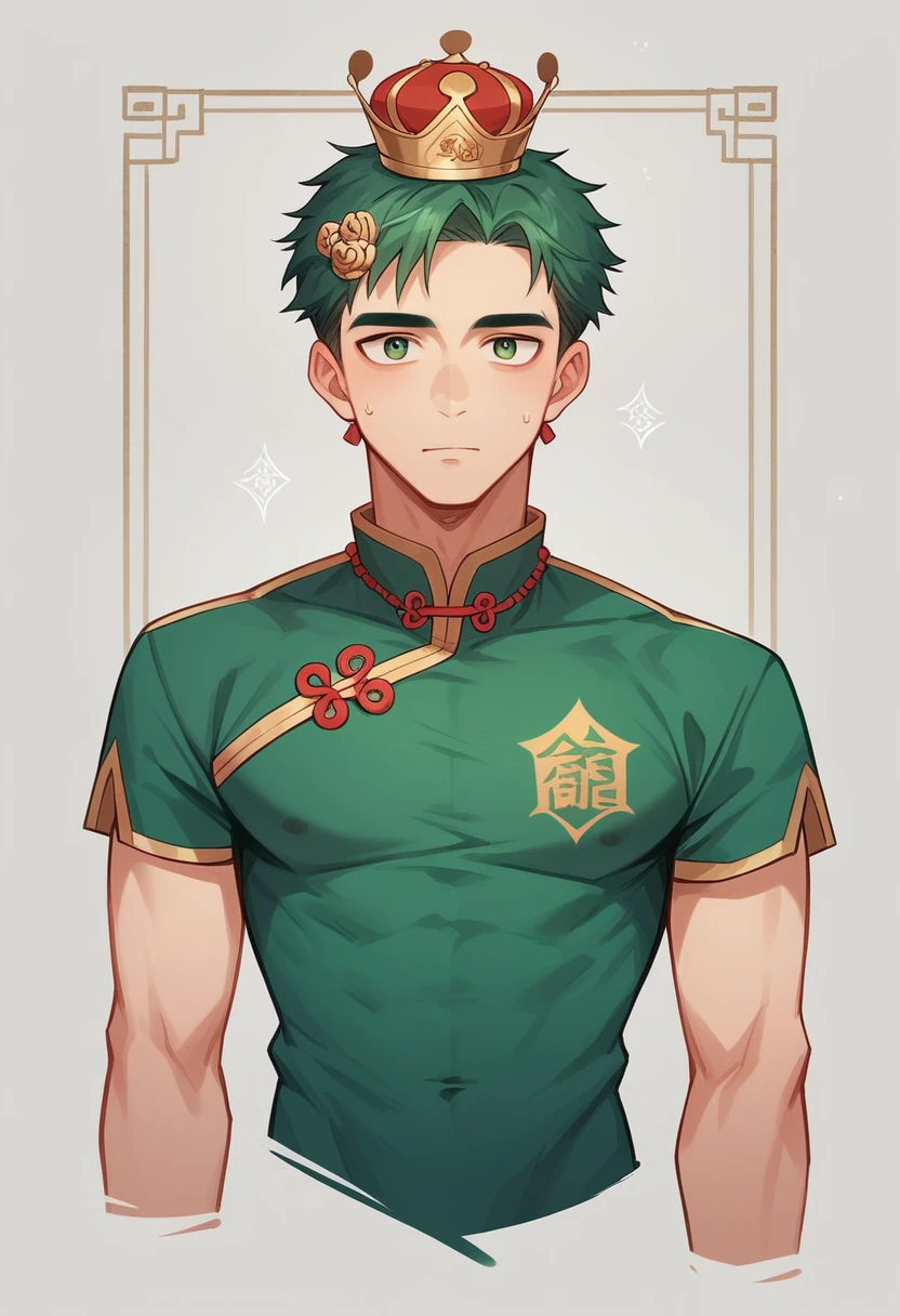 There is a man in a cheongsam, 27 years, 28 years, Age 29 years, 32 years old,Wearing a green football shirt , Yi Wen, He is 23 years old, Round face, Nice Lian, Golden crown, Pearl necklace, Rose hair pin