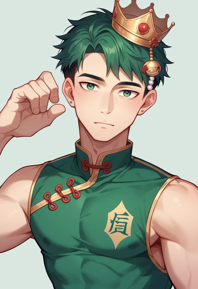 There is a man in a cheongsam, 27 years, 28 years, Age 29 years, 32 years old,Wearing a green football shirt , Yi Wen, He is 23 years old, Round face, Nice Lian, Golden crown, Pearl necklace, Rose hair pin 