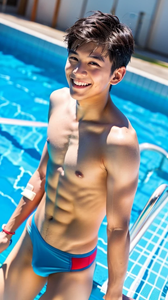 male Age 20 swimwear lifeguard topless smile 脚を開く