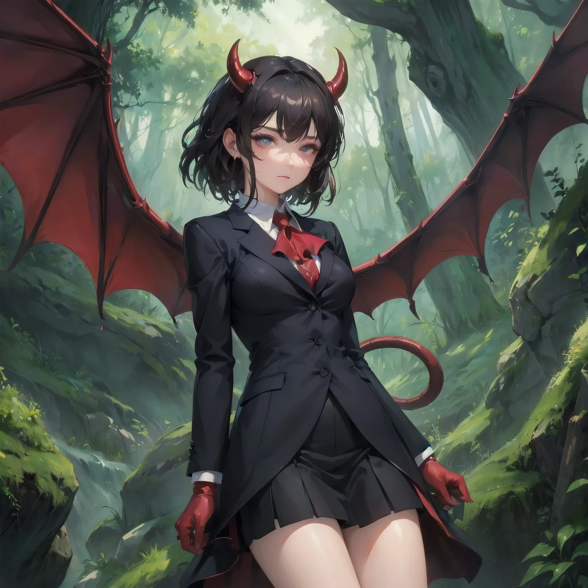 masterpiece, (textured skin), best quality, gorgeous beautiful girl, (a female devil),,detailed clothes,large breasts,narrow waist,, (beautiful face), cinematic lighting, (fantasy anime art ),