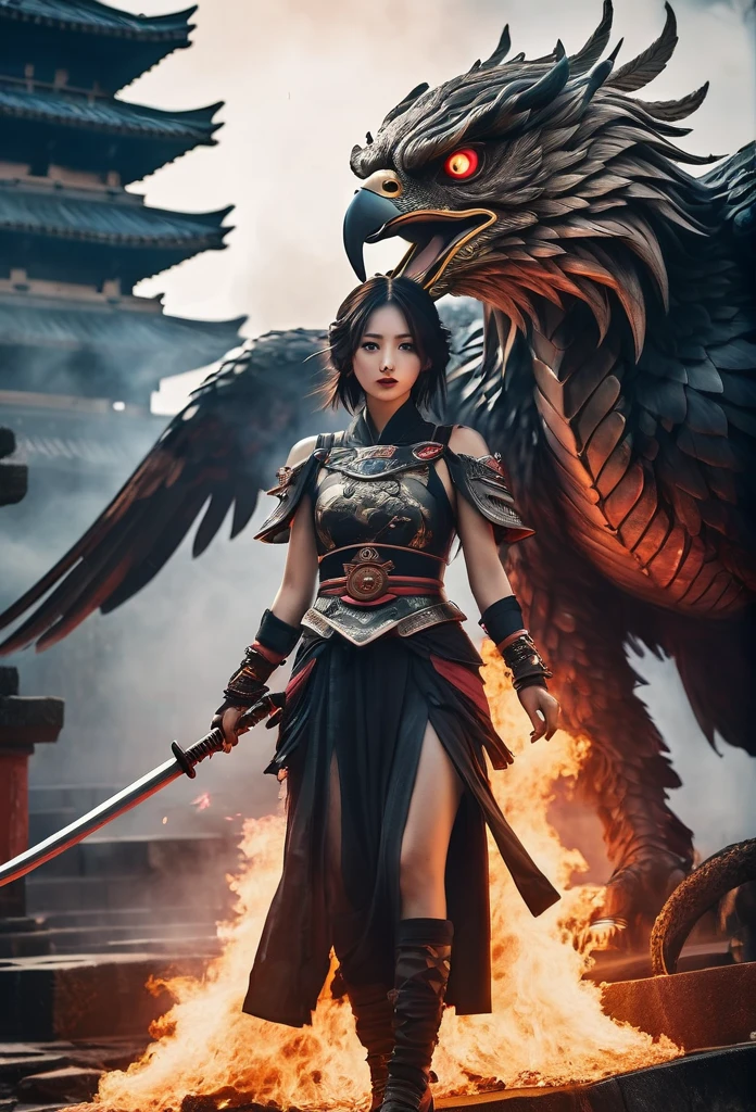 a blood girl, and a huge fire eagle, made of smoke, wearing a warrior outfit complete with armor floating around the ruins of an ancient temple, inspired by Japanese gods, carrying a huge divine sword, temple background, Japan, dark, horror vibes, , smoke , fire , big add some big snakes behind , Japanese mythical god , evil smile , crazy eyes , blindfold , fuji color , high detail , high quality , accurate