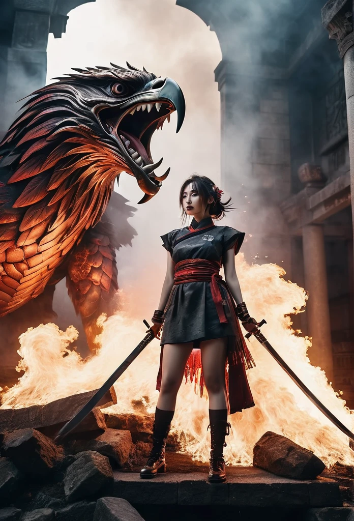a blood girl, and a huge fire eagle, made of smoke, wearing a warrior outfit complete with armor floating around the ruins of an ancient temple, inspired by Japanese gods, carrying a huge divine sword, temple background, Japan, dark, horror vibes, , smoke , fire , big add some big snakes behind , Japanese mythical god , evil smile , crazy eyes , blindfold , fuji color , high detail , high quality , accurate